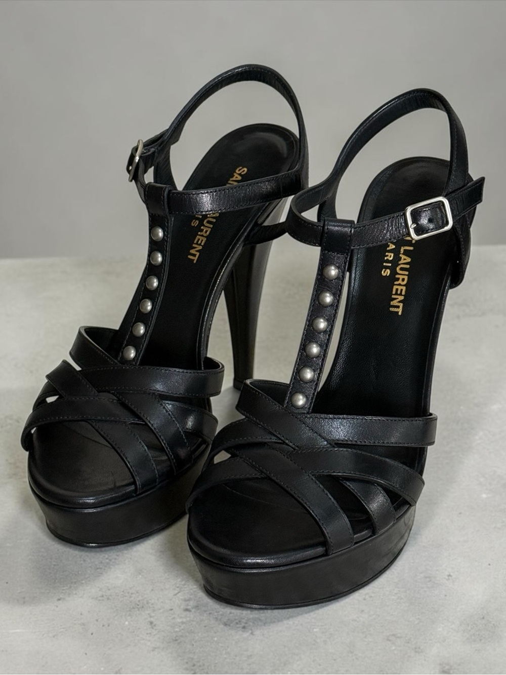 Saint Laurent Black Leather Platform T-Strap Studded Sandals Stiletto Heels! 37 - Picture 4 of 16